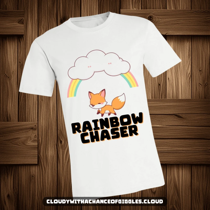 Funny fox t-shirt, a happy fox leaping towards a rainbow originating from a soft, fluffy cloud, capturing excitement.