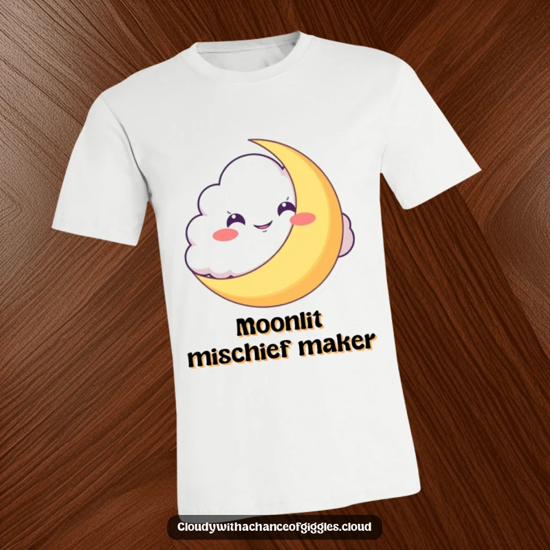 Funny T-Shirt: A sneaky cloud with a grin peeks from behind a crescent moon, showcasing nighttime mischief and playful secrets.