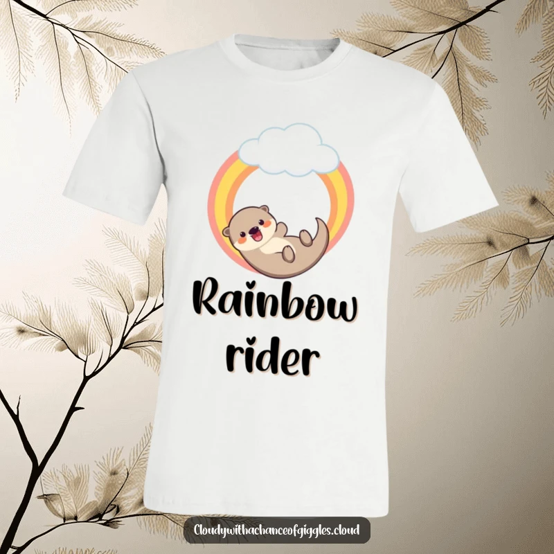 Funny t-shirt depicting a happy otter joyfully sliding down a bright rainbow originating from a soft cloud.