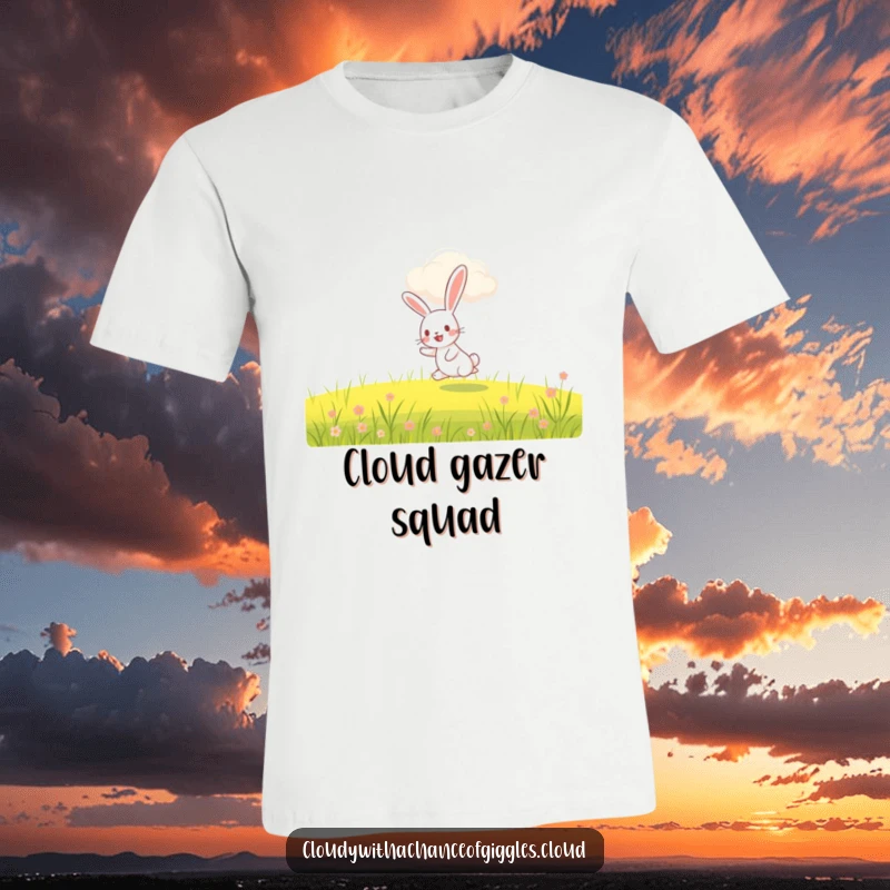 Funny rabbit t-shirt, a joyful rabbit hopping in a field beneath a whimsical, grinning cloud, radiating happiness.
