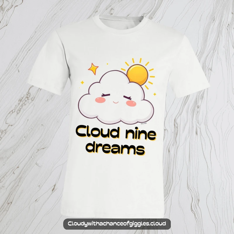 Funny sleepy white cloud with closed eyes, dreaming of sunshine with a happy sigh, on a t-shirt, representing peaceful dreams.