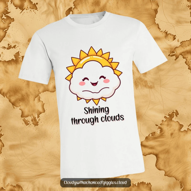 Funny sun and cloud t-shirt, a smiling sun peeking from behind a happy cloud, symbolizing joy and bright humor.