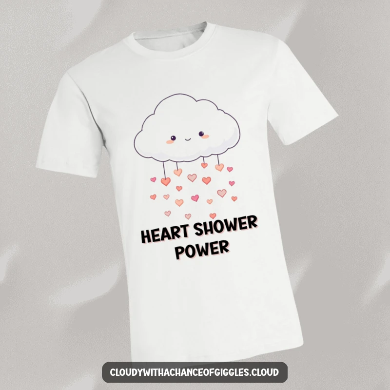 Funny t-shirt featuring a fluffy white cloud raining small, happy hearts, symbolizing love and joy, ideal for funny gifts.