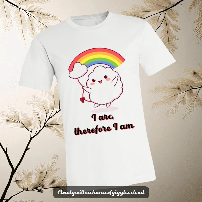 Funny Cloud Rainbow Jump Rope T-Shirt: A cute, smiling cloud character merrily tossing a bright rainbow as if it were a jump rope.