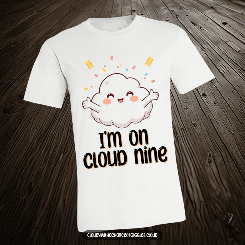 Funny t-shirt with a smiling cloud character extending arms to catch falling confetti, symbolizing celebration and happiness.