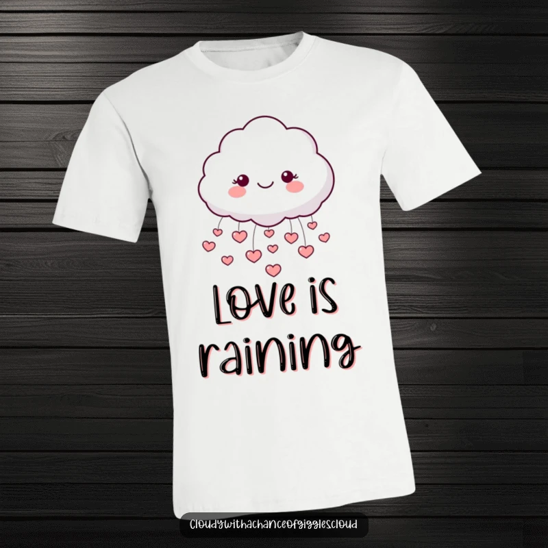 Funny T-shirt with a large, round, fluffy cloud character smiling gleefully and raining many tiny hearts.