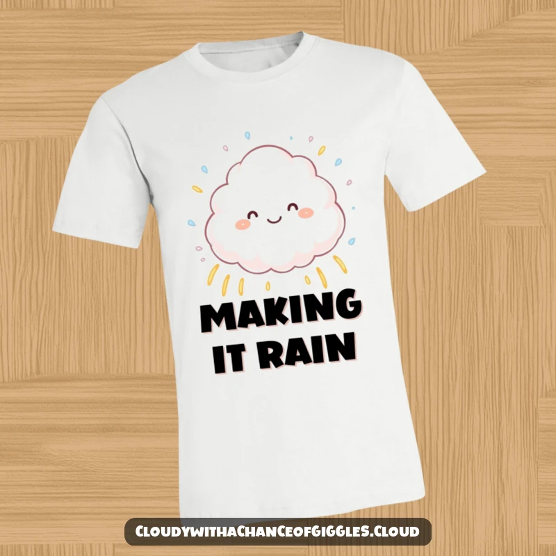 Funny fluffy cloud character joyfully sprinkling tiny raindrops, forming little rainbows, a whimsical and humorous t-shirt for spreading cheer.