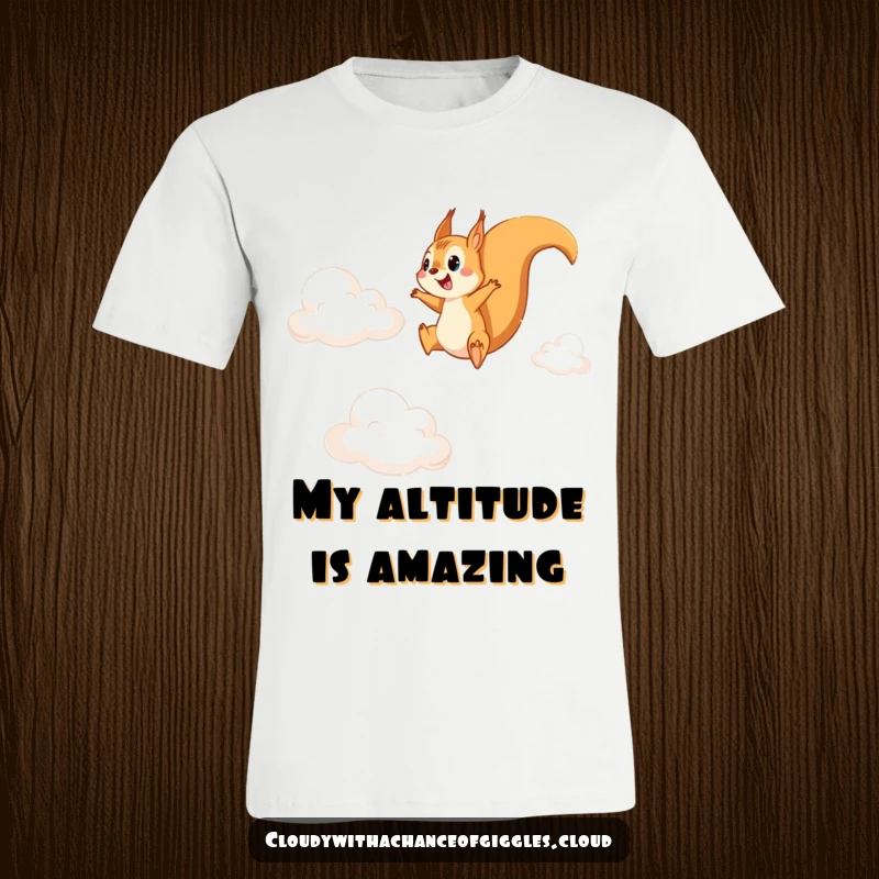 Funny t-shirt with a happy squirrel energetically leaping between soft, white cirrus clouds, conveying pure excitement and fun.