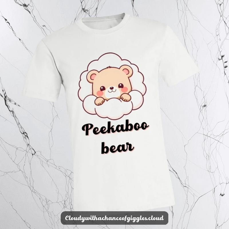 Funny T-shirt graphic of a sweet bear cub playfully peeking from behind a big, smiling cloud.