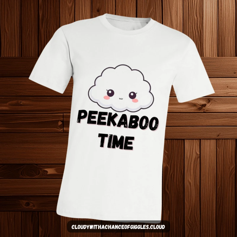 Funny cloud t-shirt, a tiny cloud with large curious eyes peeking from behind a bigger cloud, showcasing shyness.