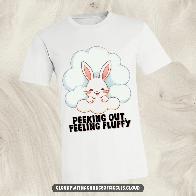 Funny t-shirt with a smiling bunny peeking curiously from behind a big, fluffy, whimsical cloud, radiating happiness and charm.
