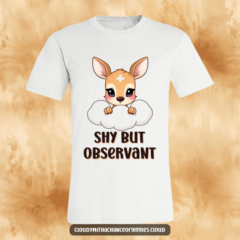 Funny t-shirt featuring a shy deer with wide eyes peeking out from behind a soft, puffy cloud, cute and gentle illustration.