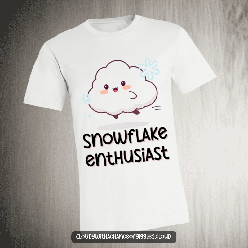 Funny T-Shirt of a playful cloud animal character chasing a dancing snowflake with pure delight and enthusiasm.