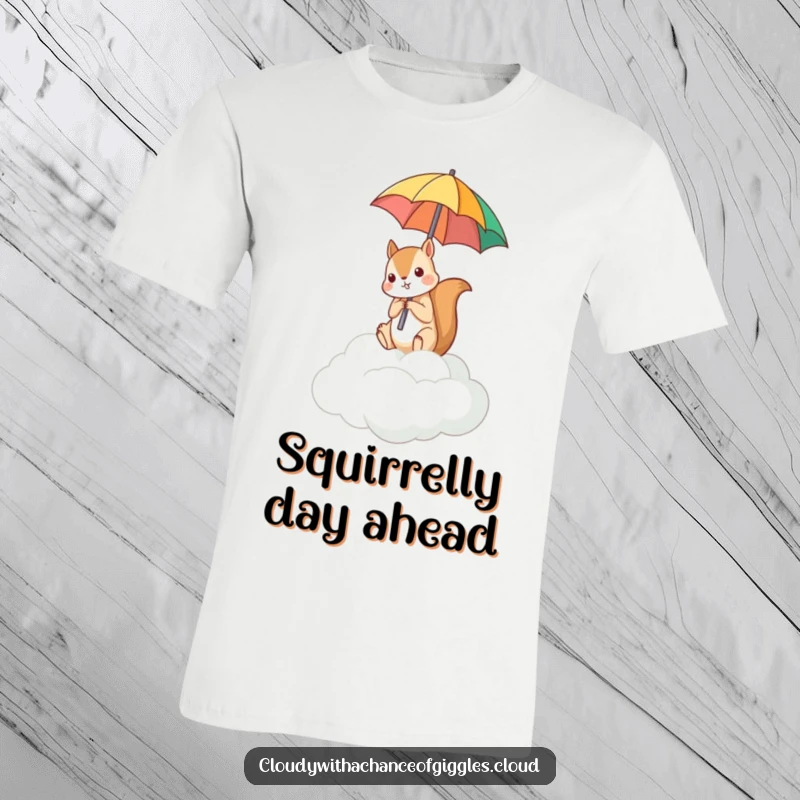 Funny T-shirt graphic of a squirrel perched on a cloud, humorously holding an umbrella upside down.