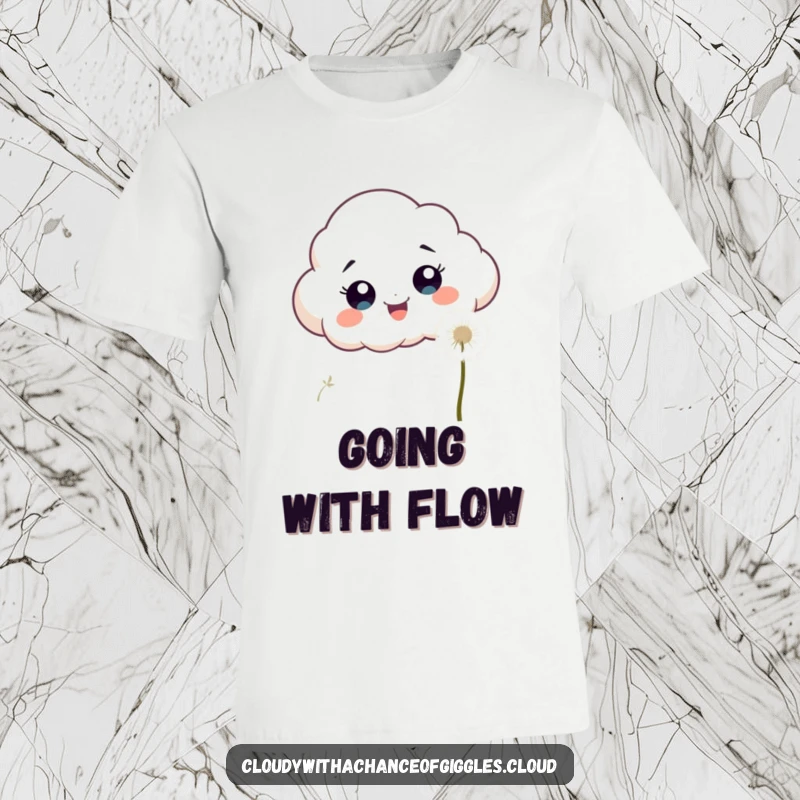 Funny, excited cloud with wide eyes chasing a fluffy white dandelion seed on a playful t-shirt.