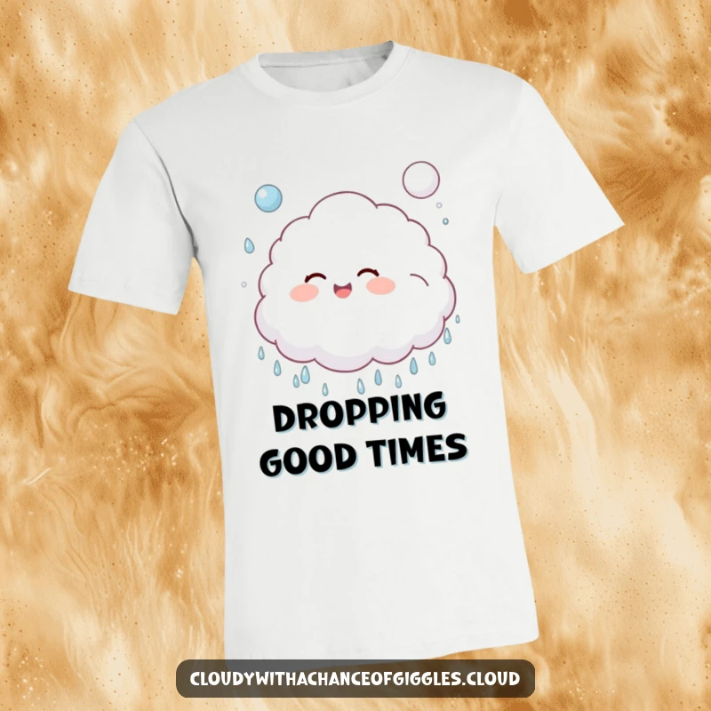 Funny, fluffy cloud child gleefully giggling and bouncing a soft, puffy raindrop like a ball on a t-shirt.