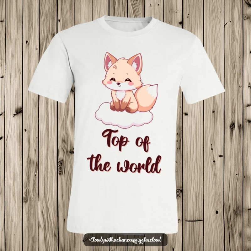 Funny fox t-shirt, a fluffy fox sitting on a cloud, tail wagging joyfully, showcasing pure happiness and playful charm.