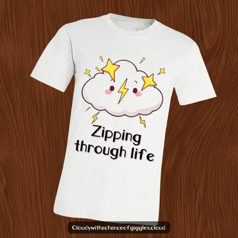 Funny cloud t-shirt, a cloud with lightning bolts shaped like stars happily zipping through the sky, symbolizing energy.