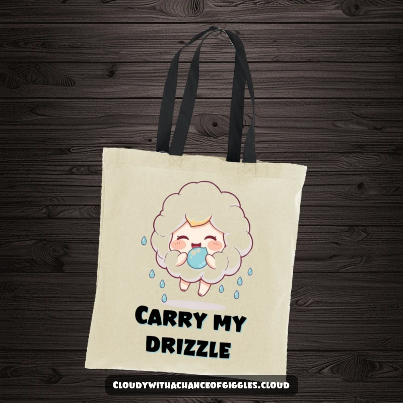 Funny tote bag depicting a fluffy cloud child giggling and bouncing a soft raindrop, a charming accessory for carrying essentials.