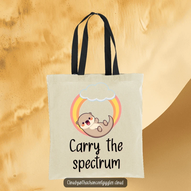 Funny tote bag illustrating a happy otter sliding down a rainbow from a cloud, ideal for carrying supplies with a smile.
