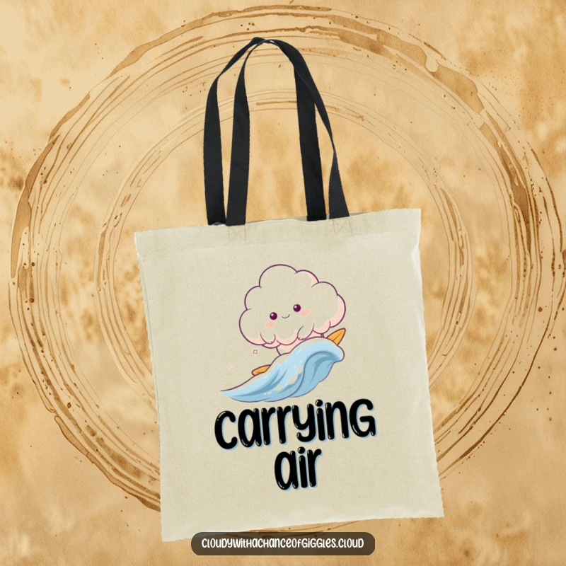Funny cloud animal happily surfing a gentle wave of wind, printed on a stylish and funny tote bag.