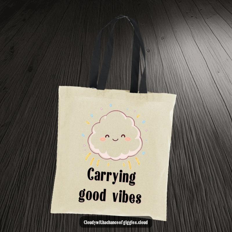 Funny fluffy cloud character joyfully sprinkling tiny raindrops that form little rainbows, a charming and humorous tote bag for everyday use.