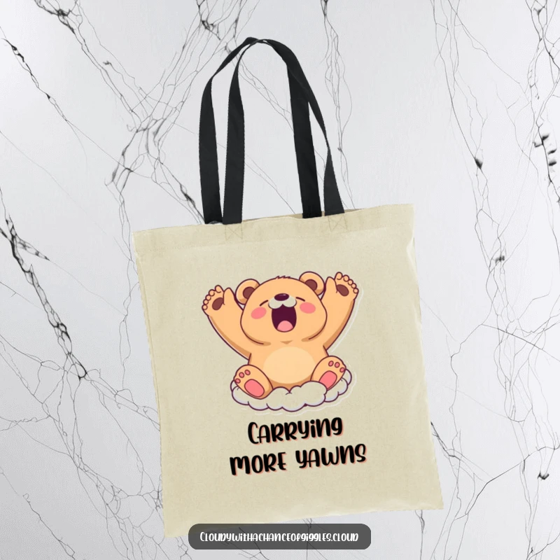 Funny Tote Bag: A little bear cloud yawns widely, stretching its arms, perfect for carrying your essentials with sleepy charm.
