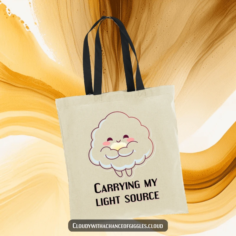 Funny Cloud Sunbeam Hug Tote Bag: Cute cloud character embracing a small sunbeam, perfect for carrying essentials with cheer.