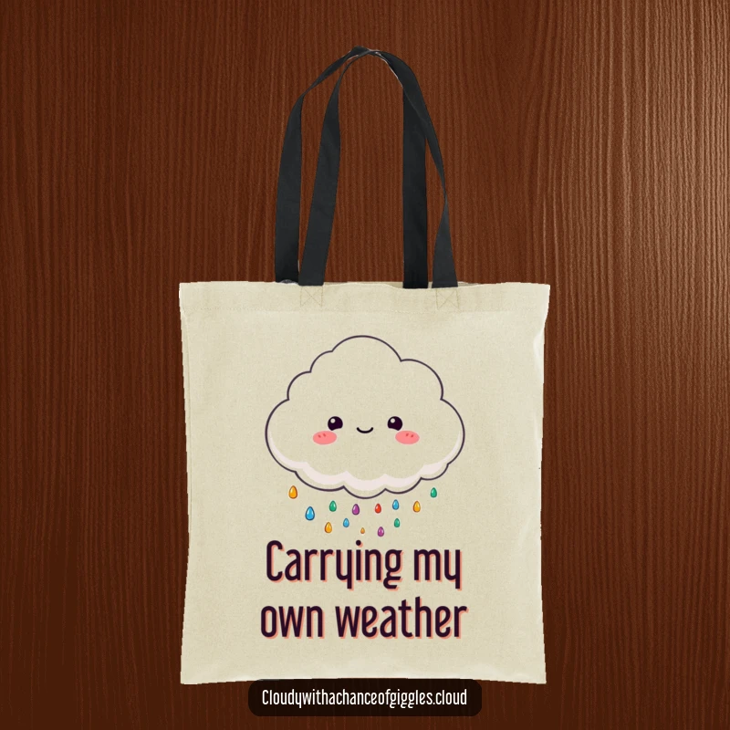 Funny tote bag with a fluffy cloud character happily raining colorful, tiny raindrops, perfect for everyday use.