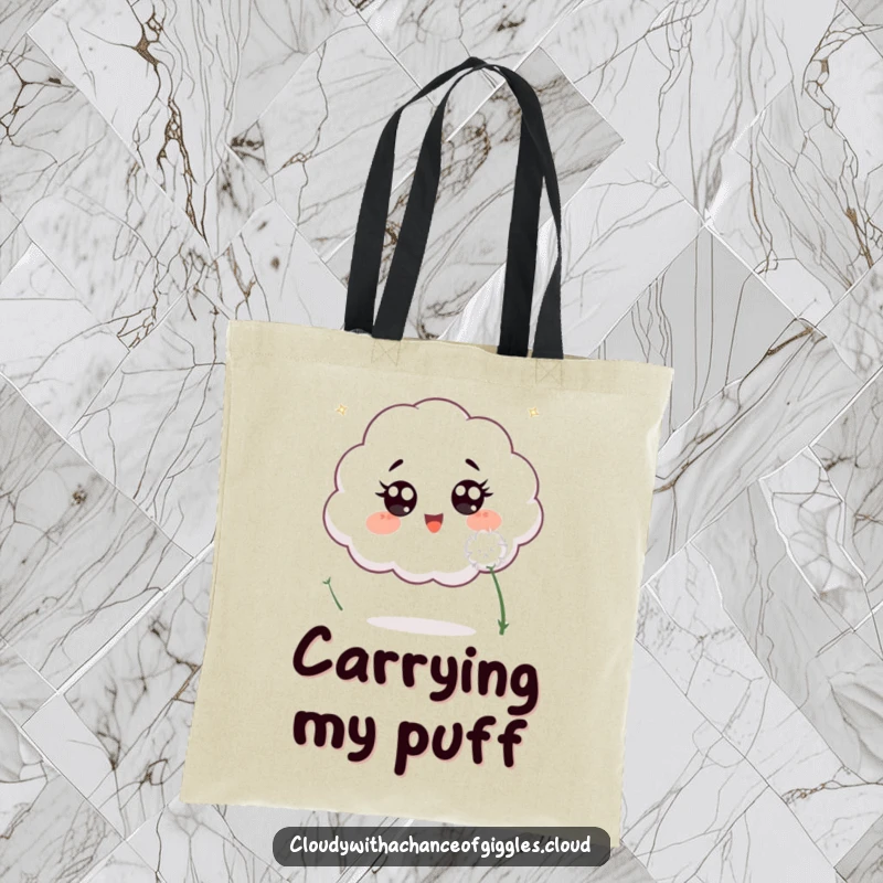 Funny tote bag illustrating an excited cloud with wide eyes, playfully chasing a delicate white dandelion seed across the sky.