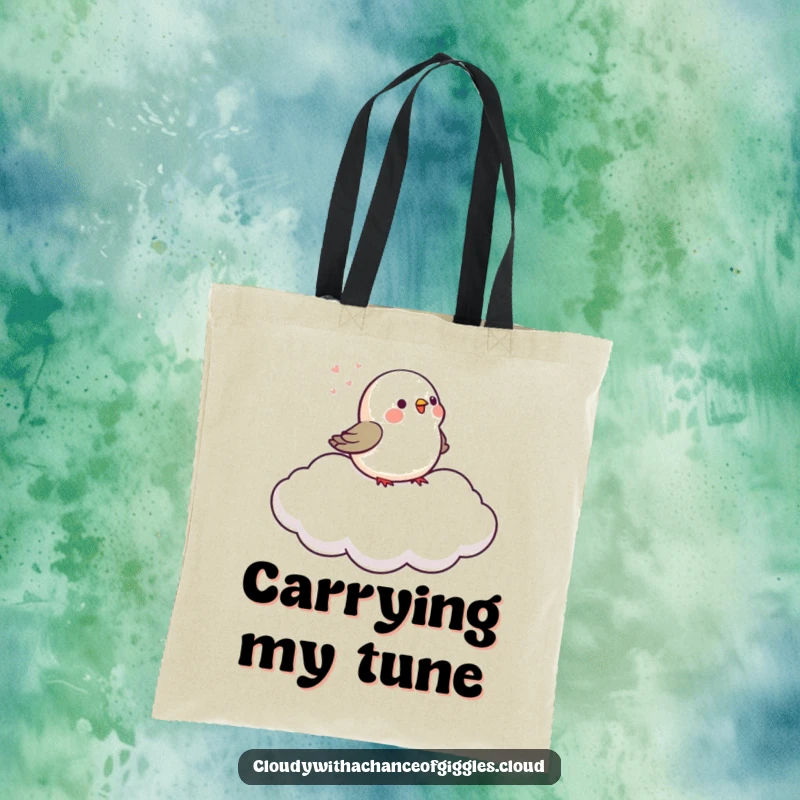 Funny tiny bird chirps on a soft, drifting cloud, featured on this cheerful and functional tote bag.