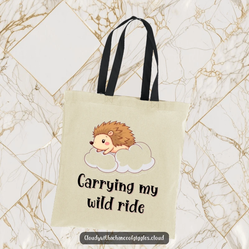 Funny tote bag featuring a happy hedgehog rolling down a soft cloud like a hill, perfect for carrying essentials with glee.