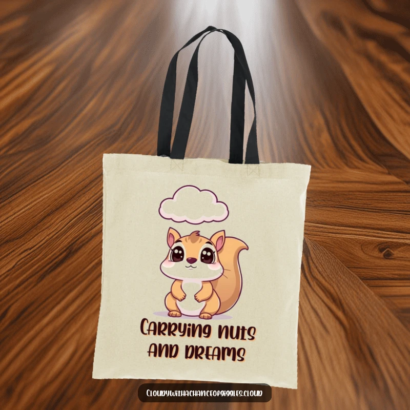 Funny squirrel tote bag, a wide-eyed squirrel curiously observing a fluffy cloud, practical and humorous for everyday use.