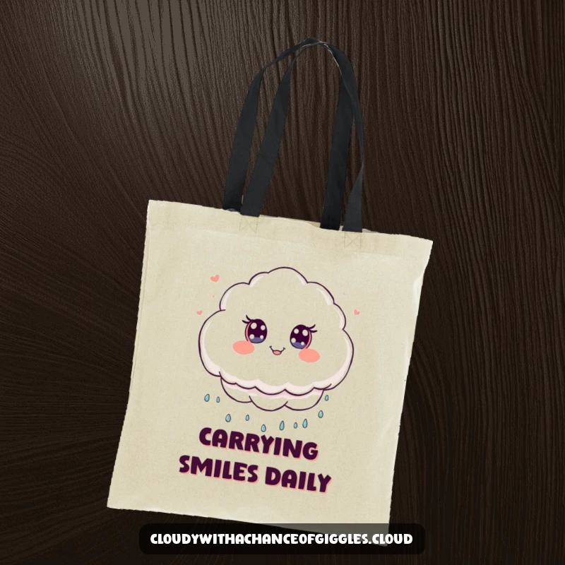Funny Tote Bag designed with a fluffy kawaii cloud character raining tiny smiles, a cheerful and practical accessory.