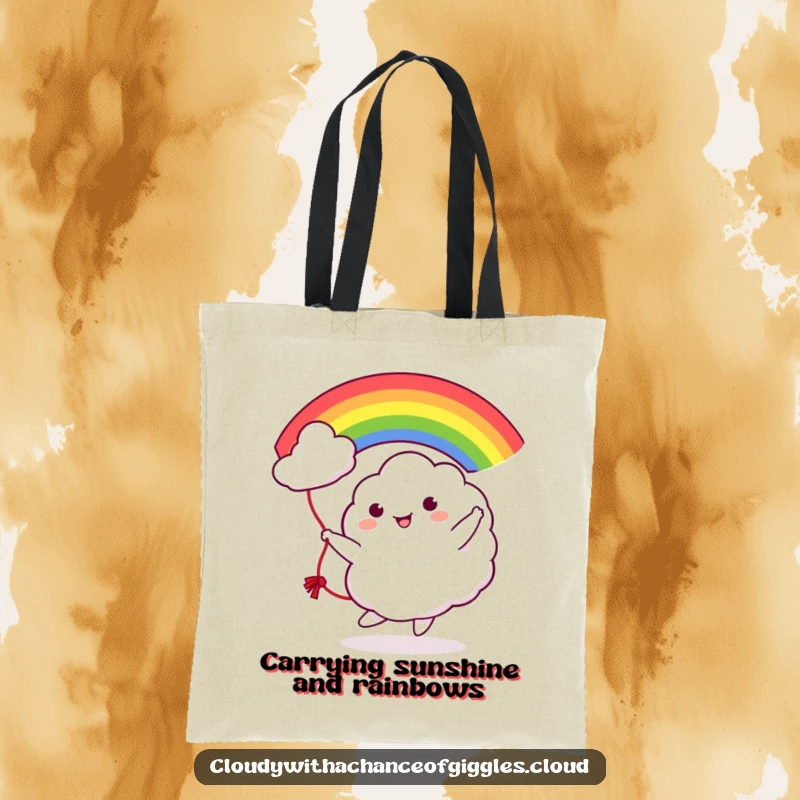 Funny Cloud Rainbow Jump Rope Tote Bag: A cute cloud character tossing a vibrant rainbow like a jump rope, showcasing playful energy.