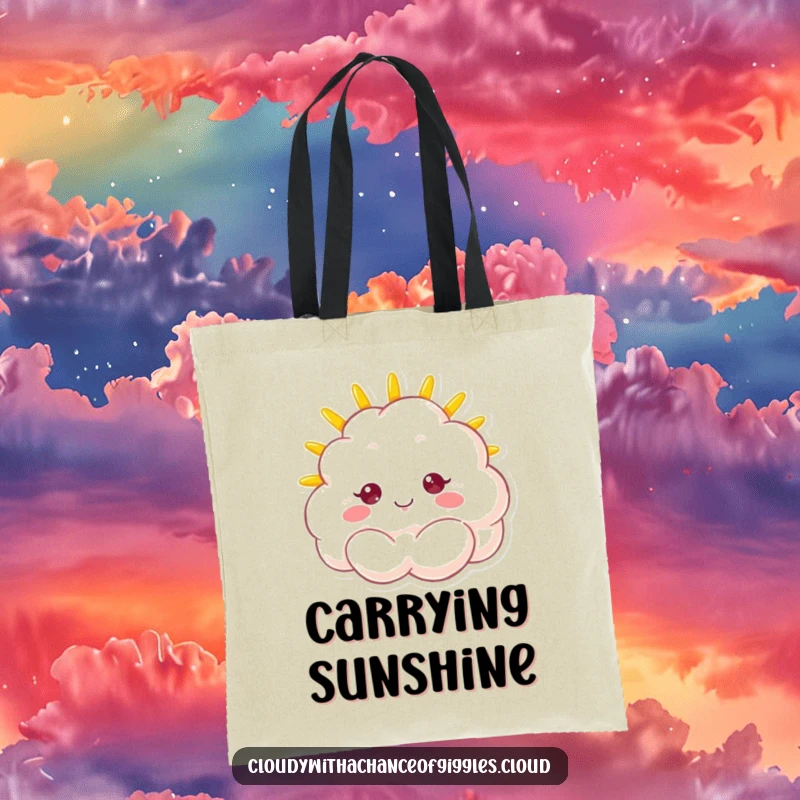 Funny tote bag with a fluffy cloud character sporting a beaming sunshine face, great for carrying essentials with cheer.