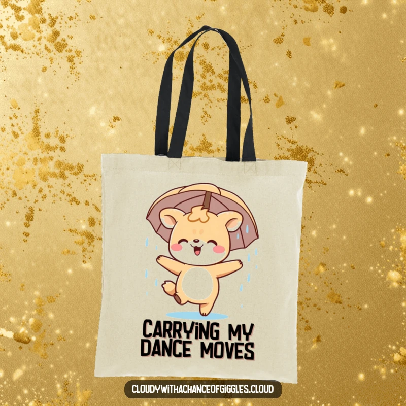 Funny Tote Bag designed with a happy animal character dancing gleefully in a gentle rain shower. A cheerful accessory.