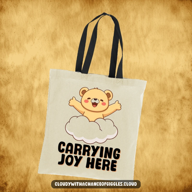 Funny bear cub joyfully riding a fluffy cloud with arms outstretched, a charming and humorous tote bag for carrying daily items with delight.