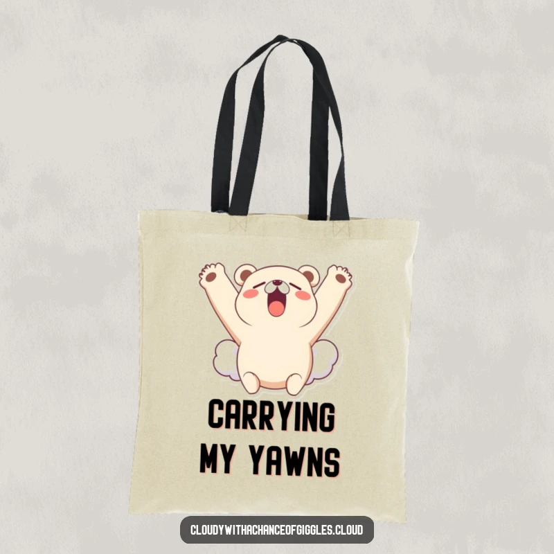 Funny tote bag illustrating a little bear cloud character yawning widely while stretching its cloudy arms upwards in a sleepy pose.