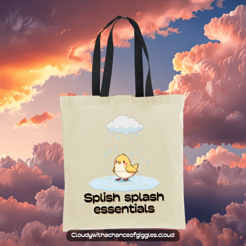Funny bird tote bag, a happy bird splashing in a puddle under a smiling rain cloud, practical and whimsical accessory.