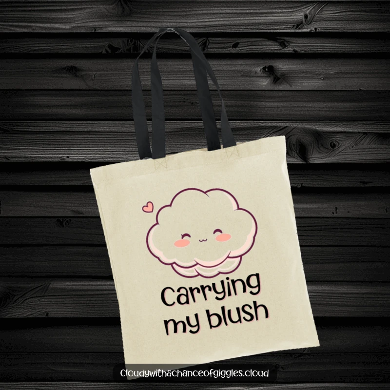 Funny tote bag with a blushing cloud character, rosy cheeks from a ticklish breeze, perfect for carrying daily essentials humorously.