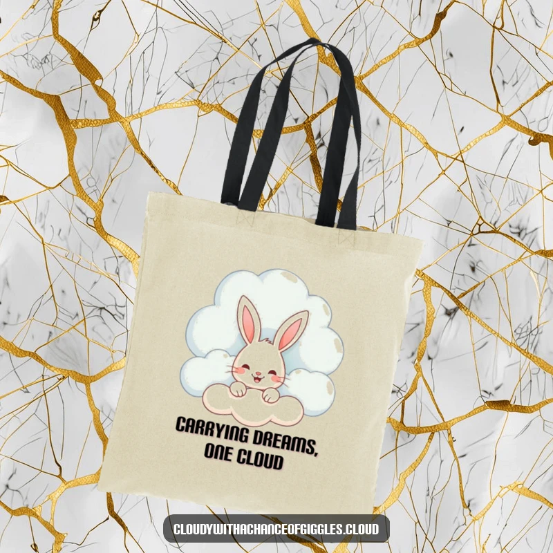 Funny tote bag with a smiling bunny peeking from a large, fluffy, whimsical cloud, ideal for carrying essentials with a smile.