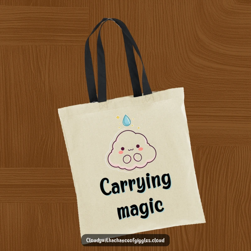 Funny tote bag featuring a tiny cloud animal character with sparkles bursting from a raindrop, perfect for carrying magic.