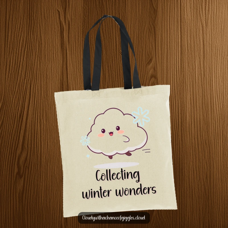 Funny tote bag featuring a playful cloud animal character chasing a dancing snowflake, perfect for winter errands.