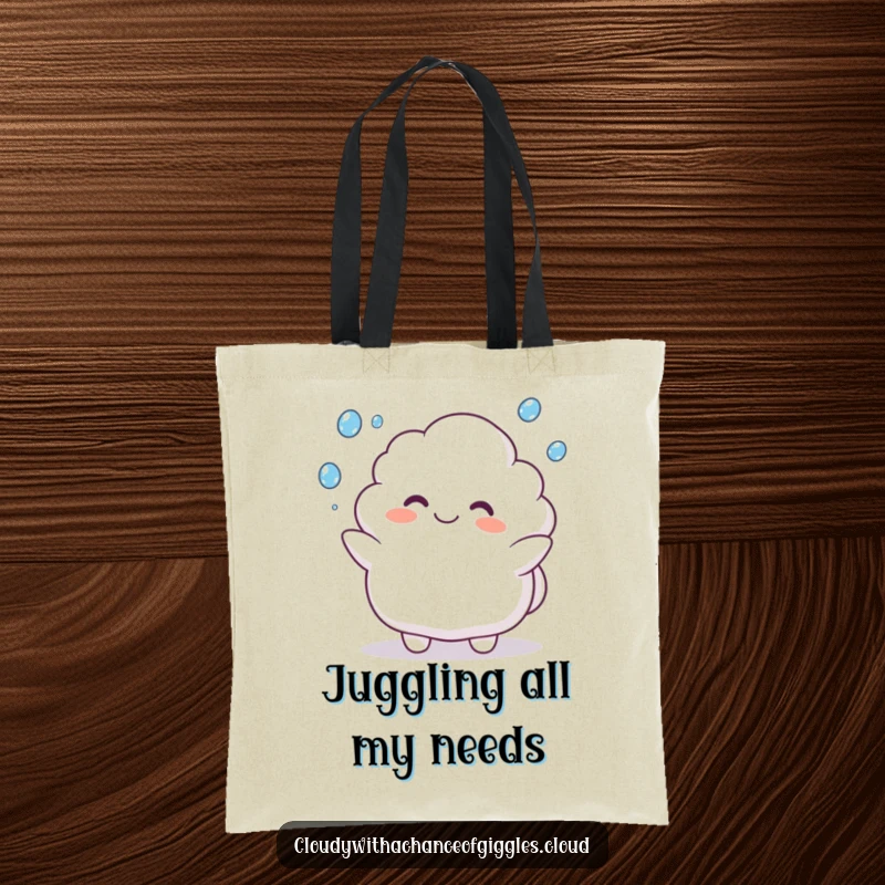 Funny tote bag featuring a grinning cloud animal character happily juggling small raindrops, perfect for carrying daily items.