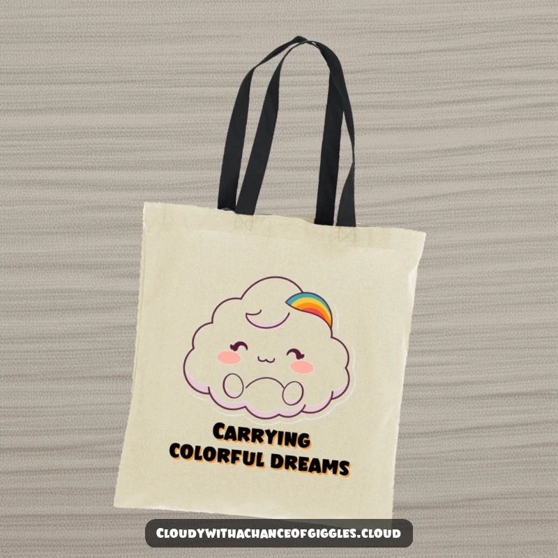 Funny tote bag featuring a cute cloud animal character in a rainbow hat waving hello, perfect for everyday use.