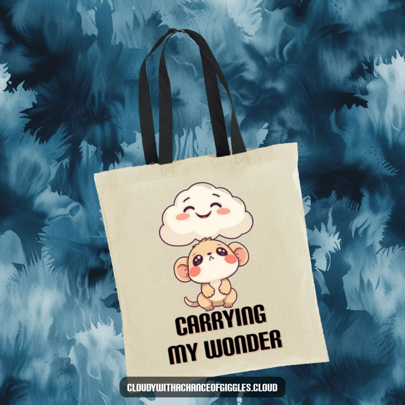 Funny Tote Bag designed with a curious creature looking up at a cloud humorously shaped like a funny face. Intriguing accessory.