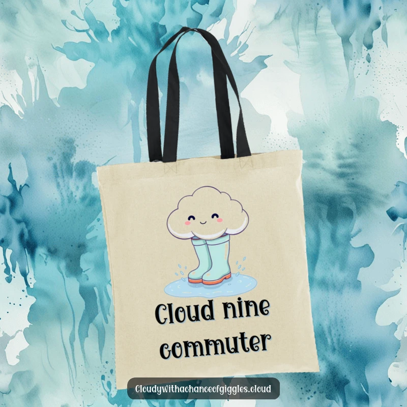 Funny cloud in oversized rain boots splashing in a puddle, a durable and humorous tote bag.