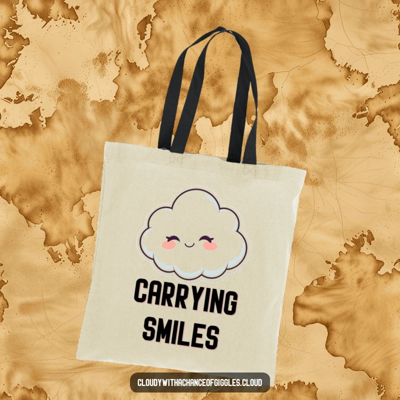 Funny whimsical cloud character winking with a friendly smile, a practical and humorous tote bag.
