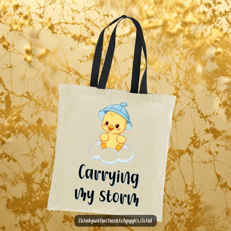 Funny duckling with a rain hat floats on a cloud, depicted on this spacious and amusing tote bag.